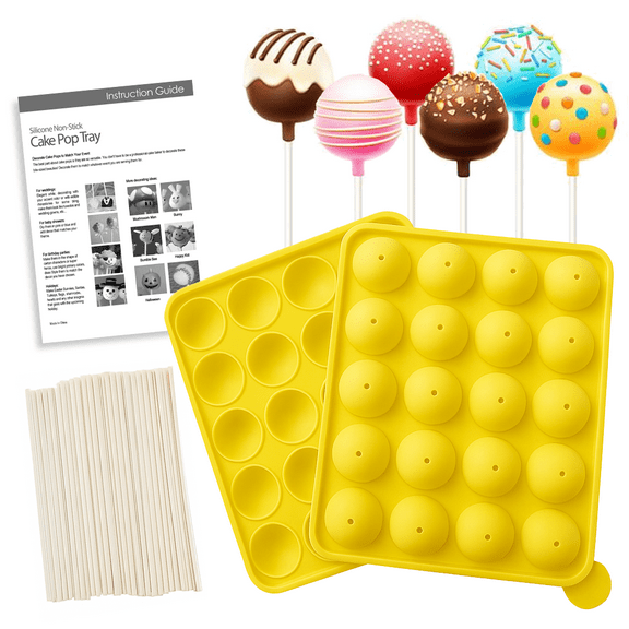 Silicone Cake Pop Mold Set – Yellow 20-Cavity Non-Stick Baking Tray with Sticks & Recipe Guide