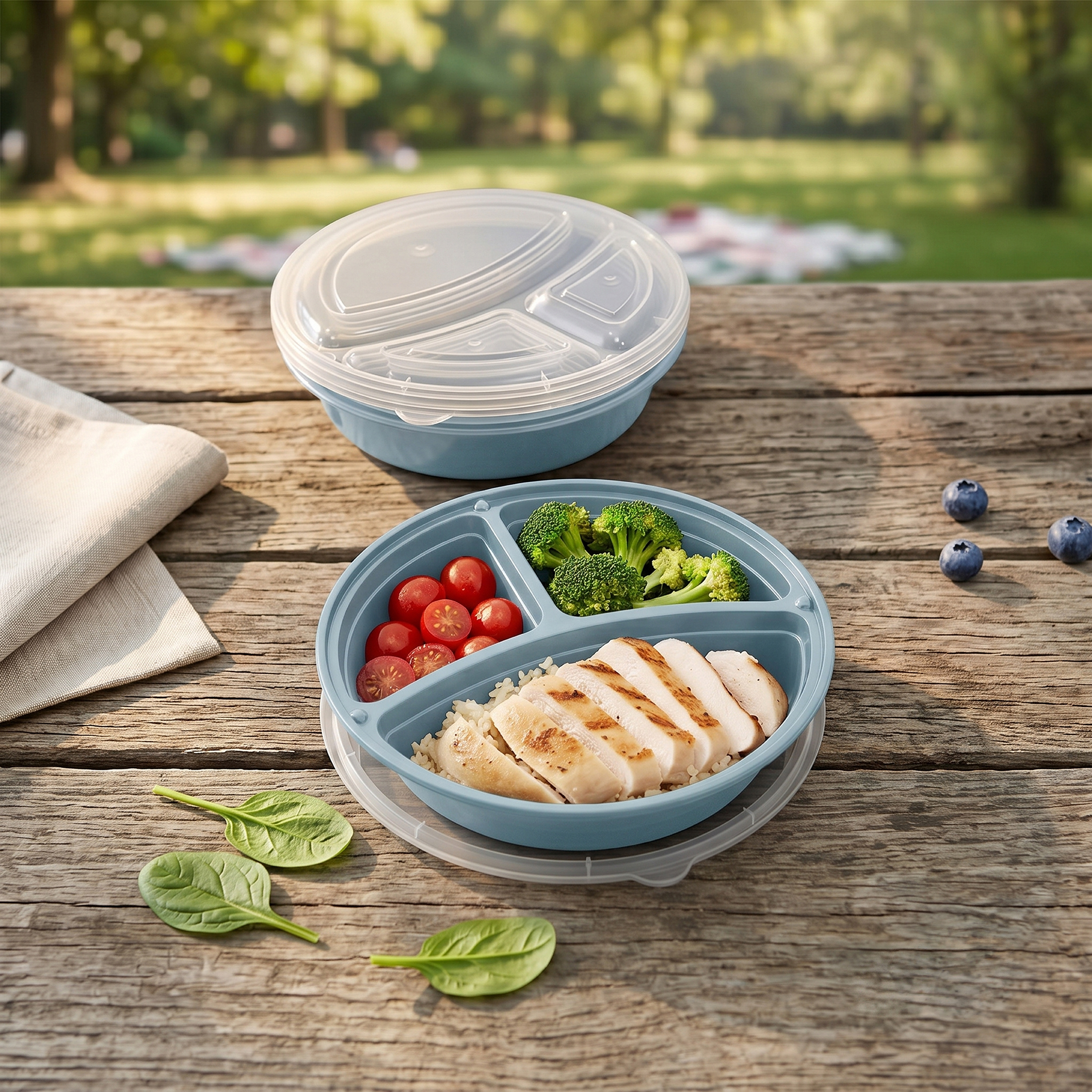 Mainstays 5-Pack 3-Compartment Round BPA-Free Plastic Meal Prep Food Storage Containers, 1L, Blue Cameo