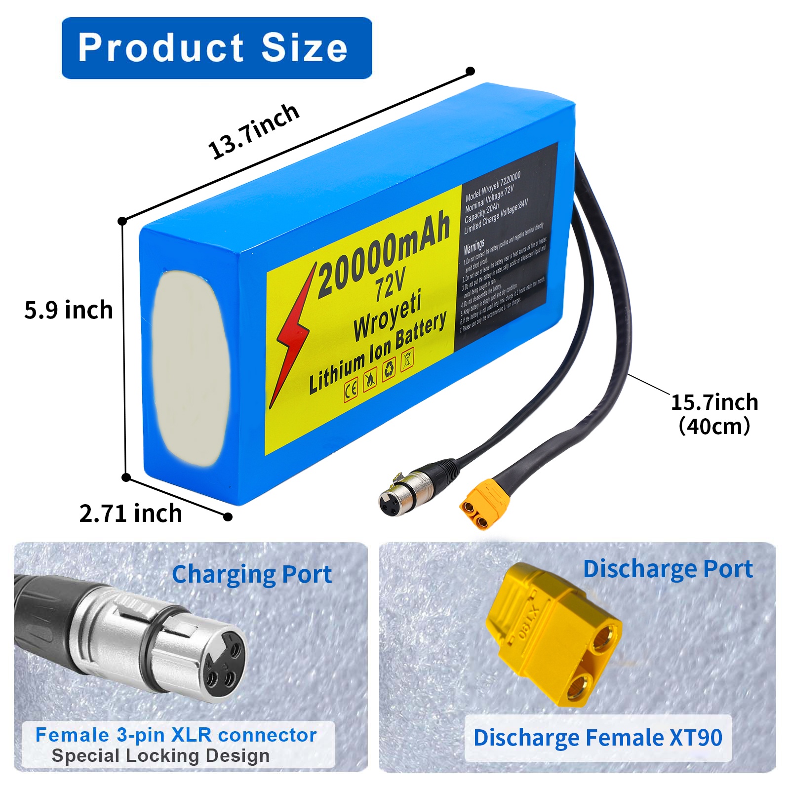 72V 20Ah Ebike Battery 72V Battery 72V Lithium Ion Battery 72V Electric Bike Battery with 3A Charger, XT60 Extension Cord, XT90 Connector for 200-3000W Electric Bicycles Motor