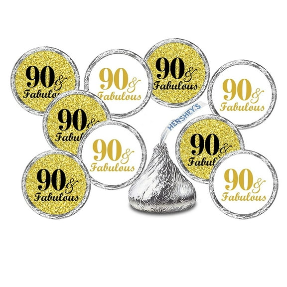 90 & Fabulous Birthday Gold Kisses Stickers, (Set of 216) Chocolate Drops Labels Stickers For Birthday Party, Kisses Party Favors Décor