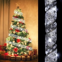 Christmas Tree Ribbon Light, 16.4Ft 50 LEDs Ribbon Bows Lights, Battery Powered Christmas Tree Decorations String Light for Party Weddings Christmas Tree (Silver, White Light)