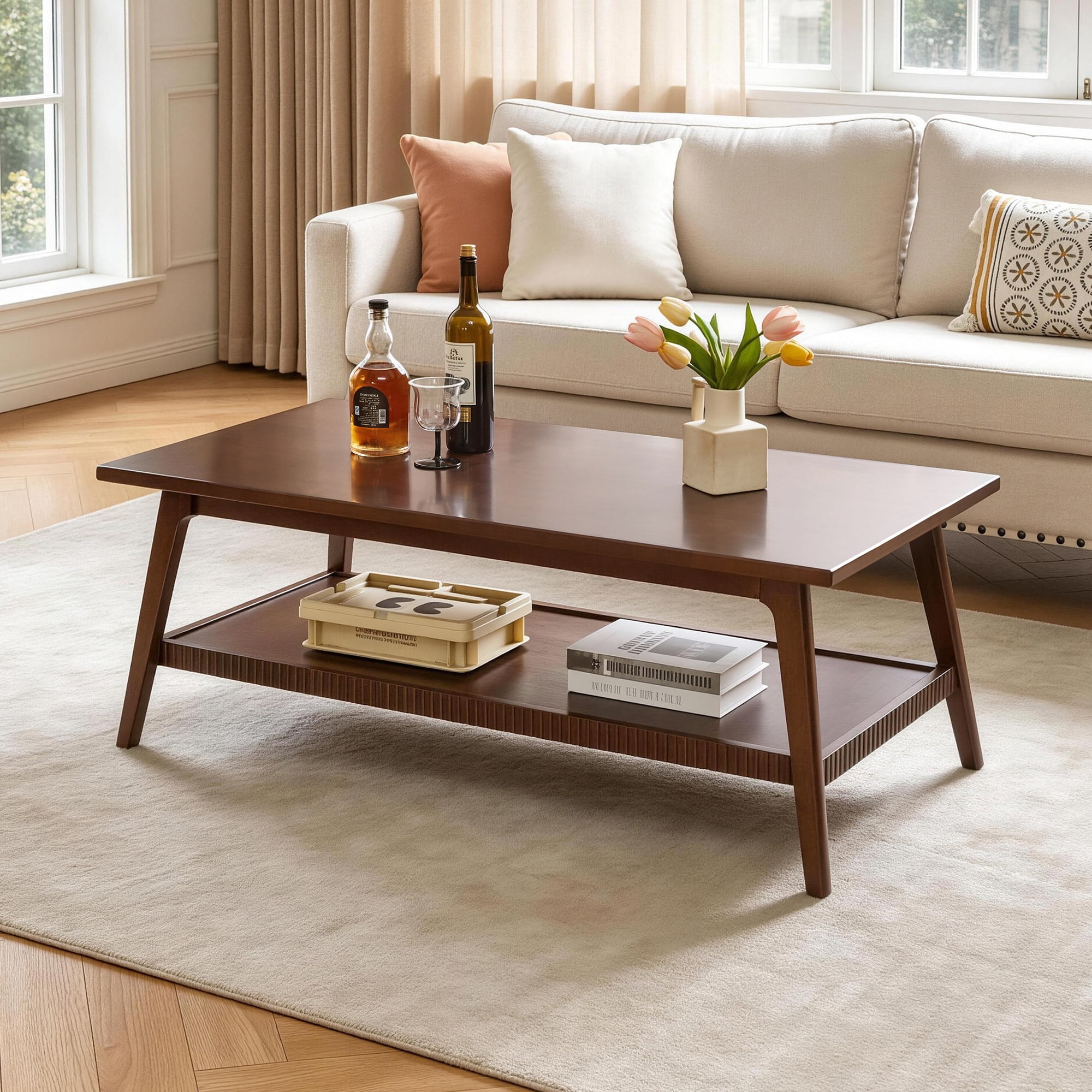 Solid Wood Coffee Table with Lower Storage Shelf, Walnut, 47.24 in x 23.62 in x 17.52 in
