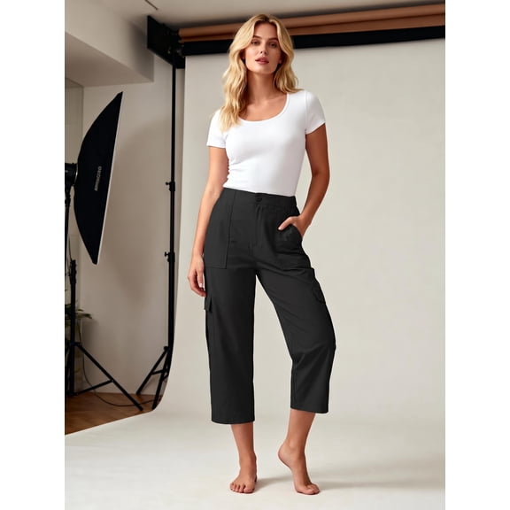 FAIOROI Relaxed Cargo Capris for Womens Loose Fit Cropped Trousers Workout Streetwear,Black XL
