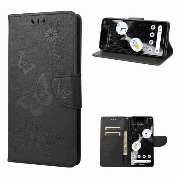 Decase for Google Pixel 5 Wallet Card Holder Slots Case, Shockproof Kickstand Wrist Strap Butterfly Floral Embossed PU Leather Flip Cover,black