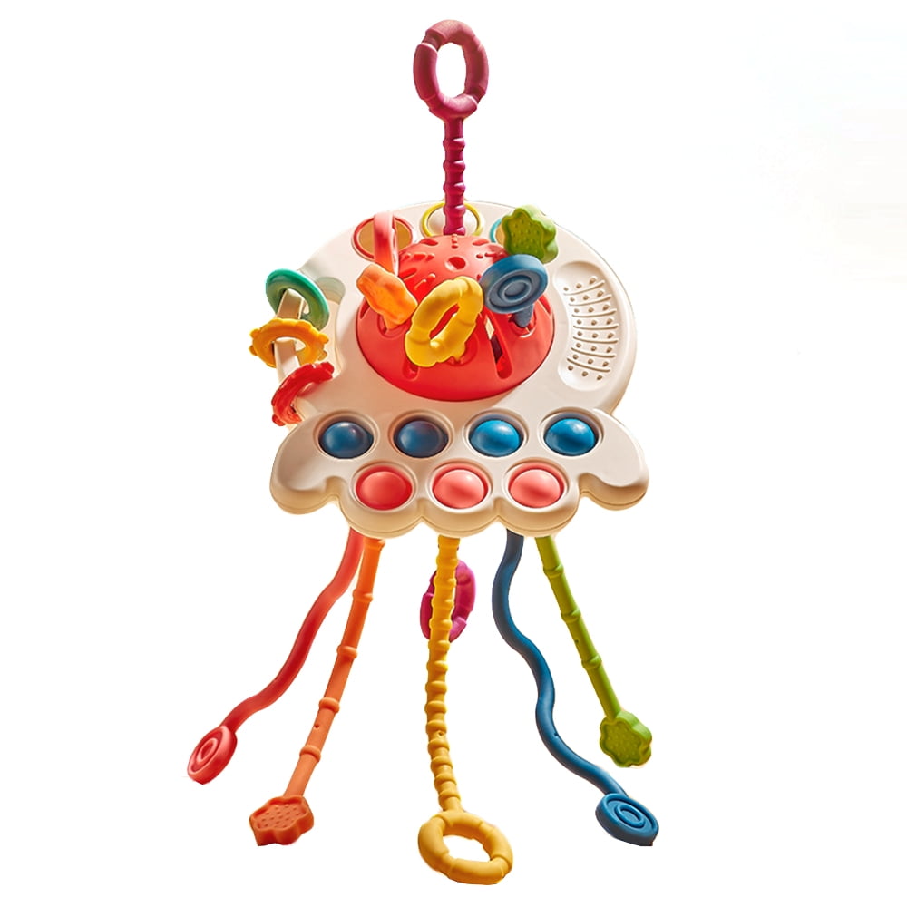 Montessori Sensory Toys,Montessori Toys,CAUTUM 4 in 1 Pull String Baby Silicone Travel Toy for