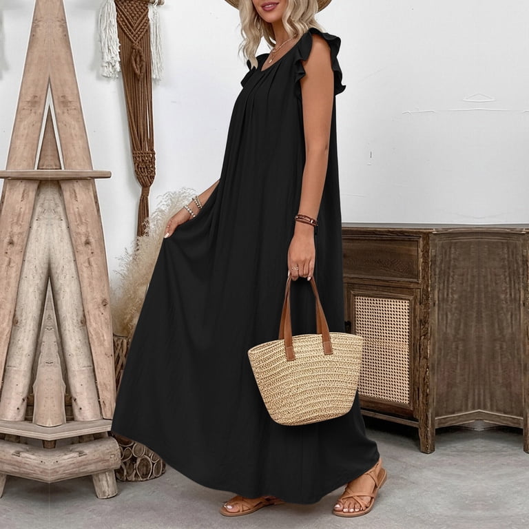junior summer maxi dresses Odbmxy Cotton Linen Women Maxi Dress Summer Tank Ruffled Junior Dress Sleeveless Womens Sun Dress Flowy Holiday, Women's, Size: XL, Black