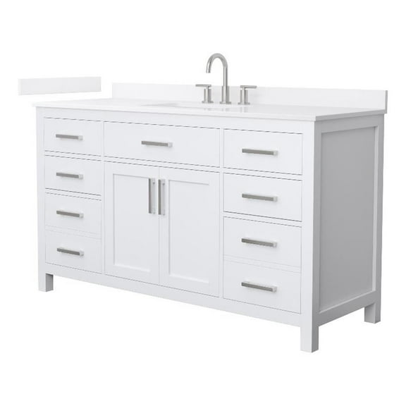 Beckett 60" White Single Vanity & White Quartz Top (3-Hole) & Nickel Trim