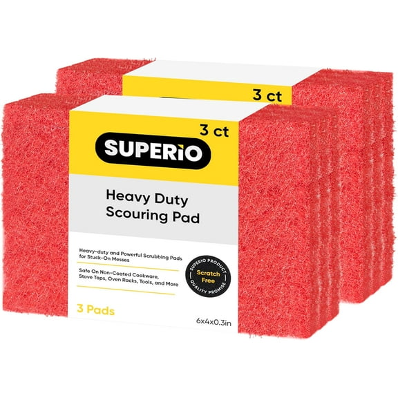 Scouring Pad Non-Scratching Scrubber Non-Scratch Cleaning Scrub Pads Heavy Duty Scouring Pad Reusable Kitchen Scrubbing Pad Pack of 6 Red, by Superio
