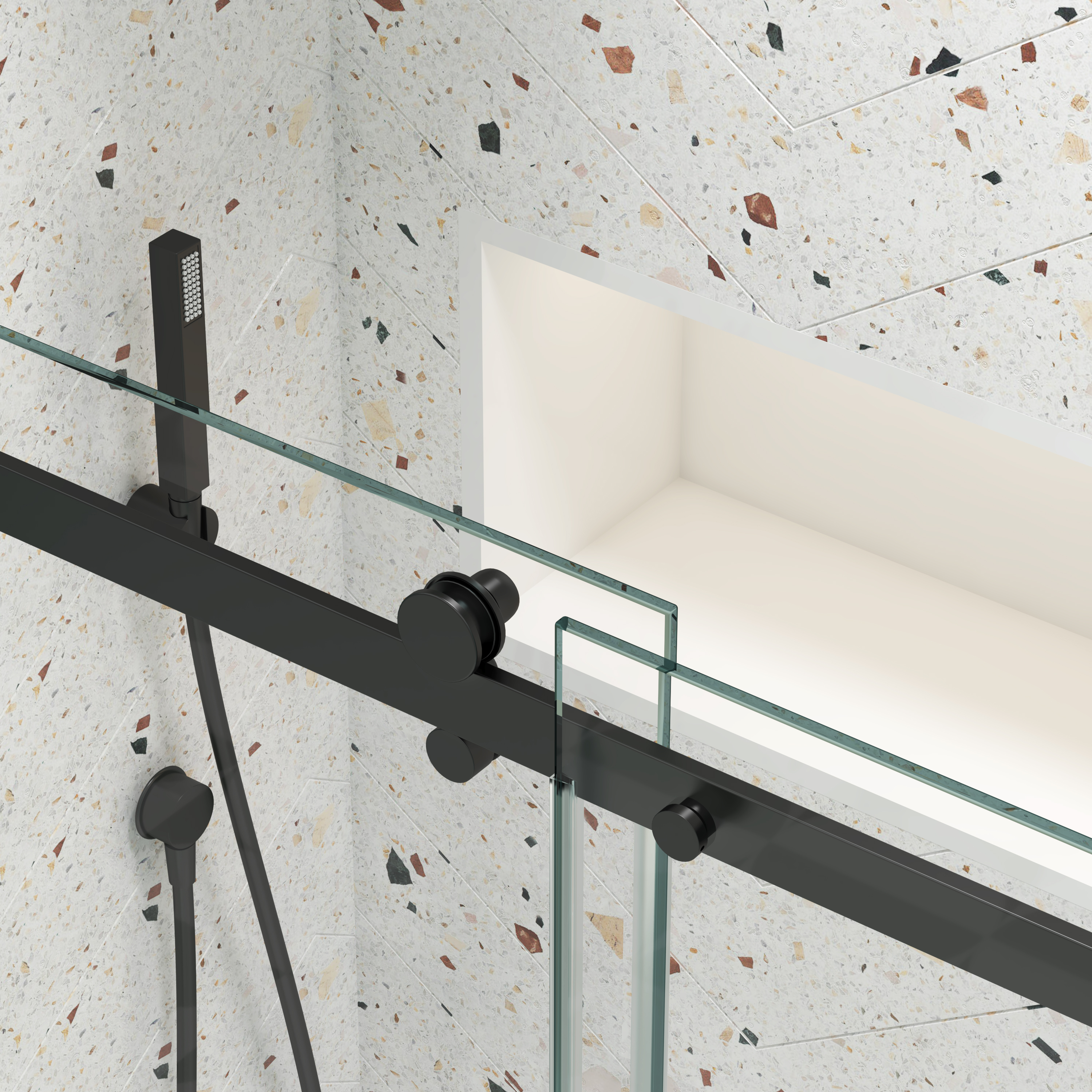 MAYEERTY 46-48"W x 74"H Double Sliding Shower Bypass Door, Tempered Glass & Stainless Steel Handle, Matte Black