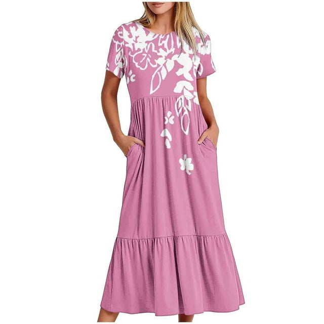 Pisexur Robes d'Été pour Femmes Col Rond Robe Fluide Plissée Tendance Manches Courtes Mode avec Poche Plage Été Évasée Imprimé Floral 2024 Robes