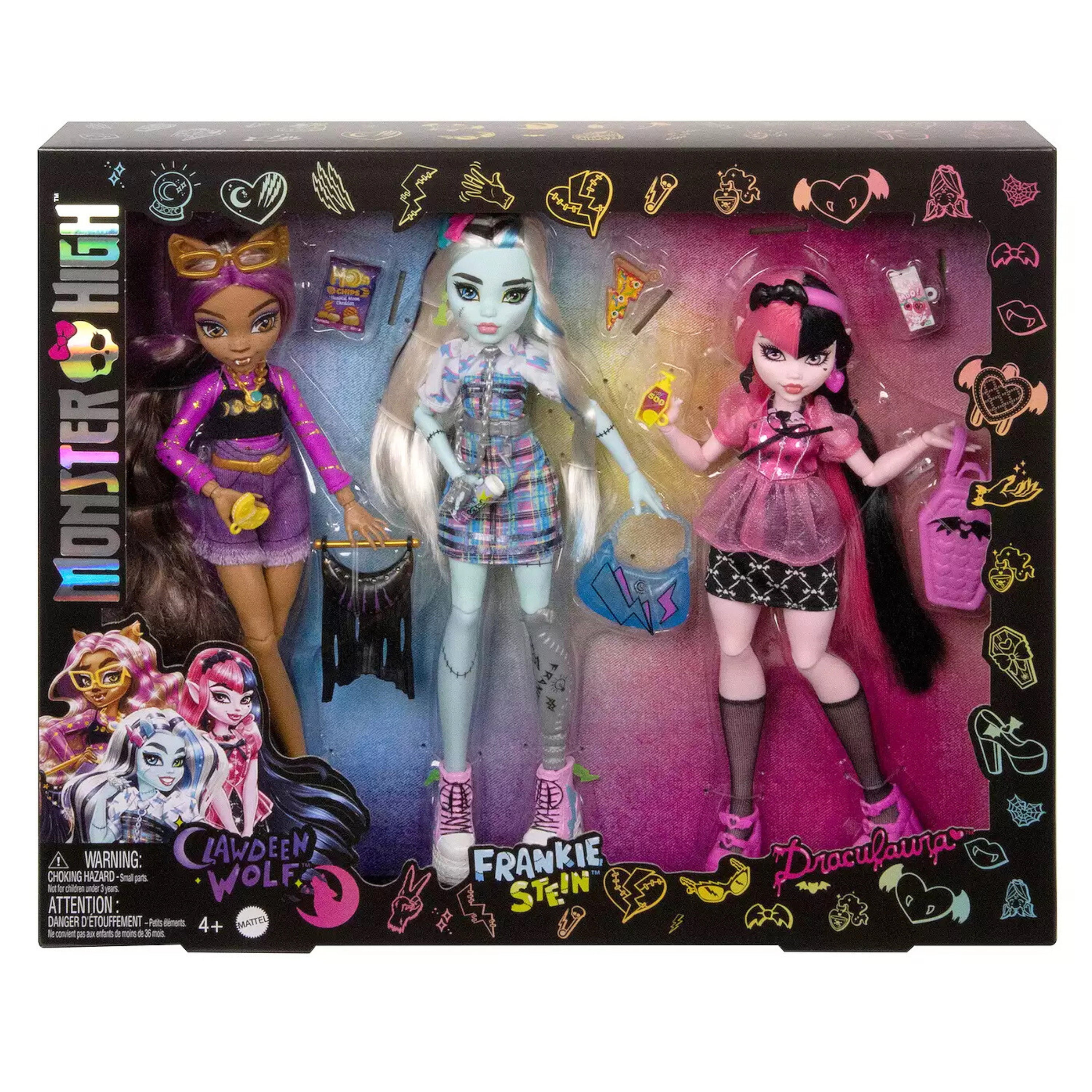 Monster High Day Out Draculaura, Clawdeen Wolf, Frankie Stein, Fashion Dolls, 3 Pack