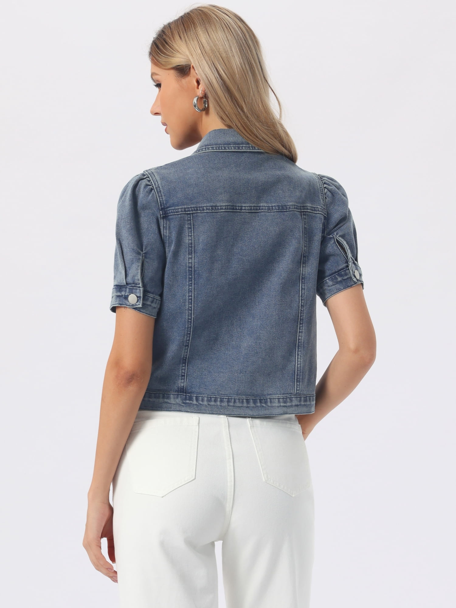 DARING DIVA Women's Jean Jacket Short Puff Sleeves Button-Down Denim Jacket S Gray Blue
