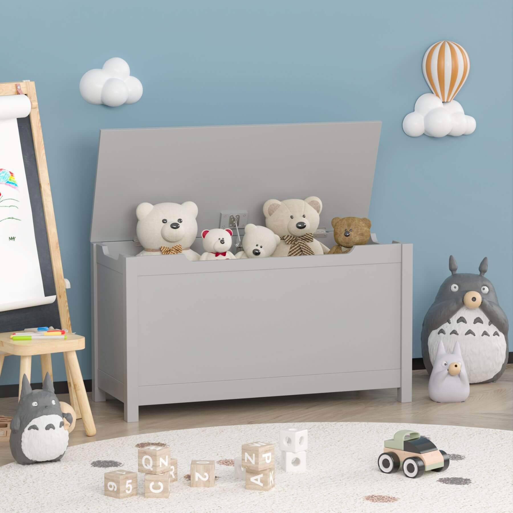 MOONRIVER Kids Wooden Toy Box Storage with Safety Hinged Lid, Grey