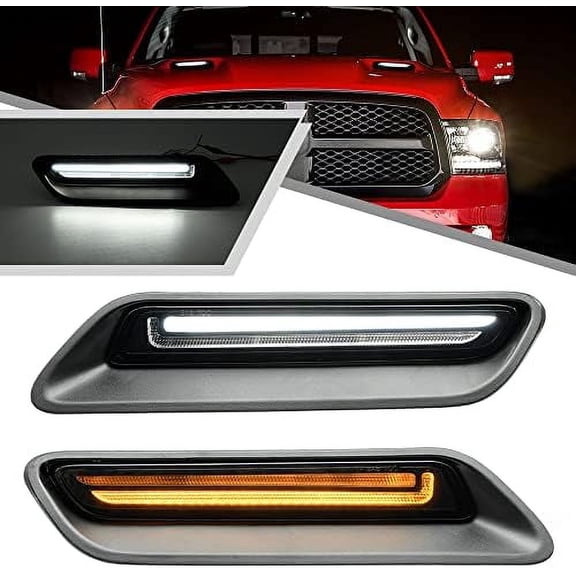 2Pcs White&Amber LED Hood Scoop Light for 2010-2018 Ram 1500 Sport Hood Air Flow Vent Grille Lamp with DRL Turn Signal Lights Functions Smoked Lens$$Vehicle Parts & Accessories