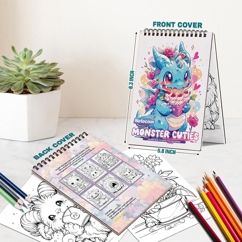 Netecom Monster Cuties Coloring Book Spiral Bound for Adults, A5 Wooden Cover, 30 Adorable Monsters Coloring Pages of Fanciful World for Stress Relief and Relaxation