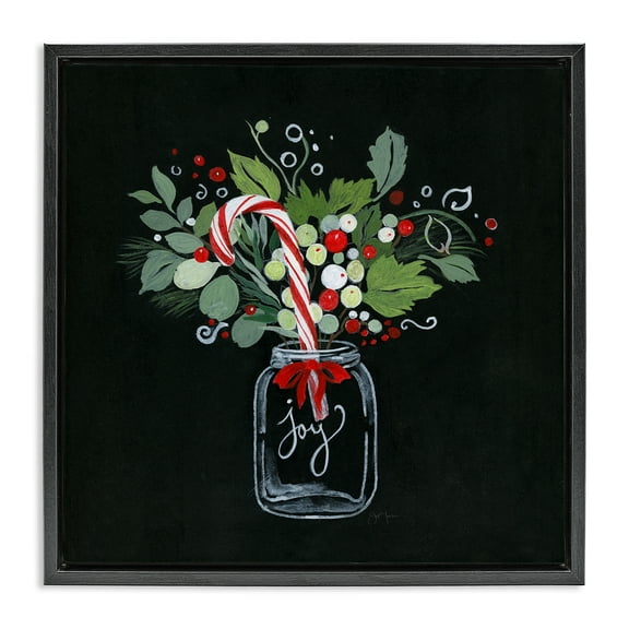 Stupell Industries Joy Candy Cane Jar Holiday Painting Black Floater Framed Canvas Art Prints Wall Art, 18 x 18