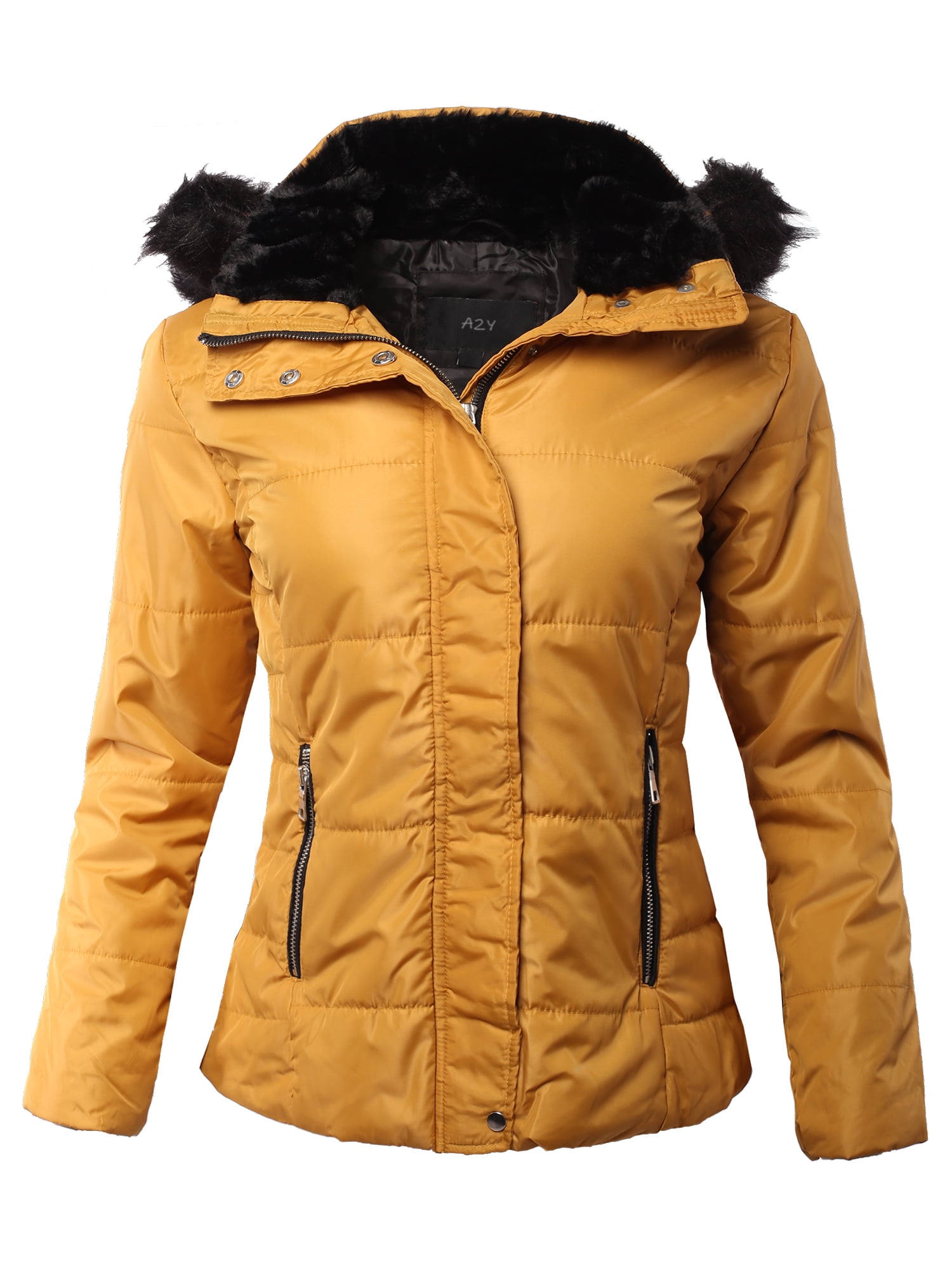A2Y Women's Detachable Hood Fur Metal Zipper Quilted Anorak