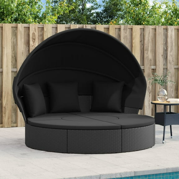 vidaXL Patio Lounge Bed with Canopy and Cushions Outdoor Daybed Poly Rattan