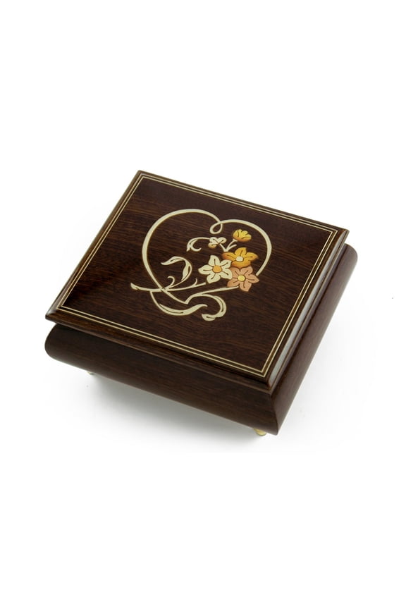 Delightful Warm Wood Tone Musical Jewelry Box with Floral and Heart Outline Inlay - Lord's PrayerThe (Albert Hay Malotte)