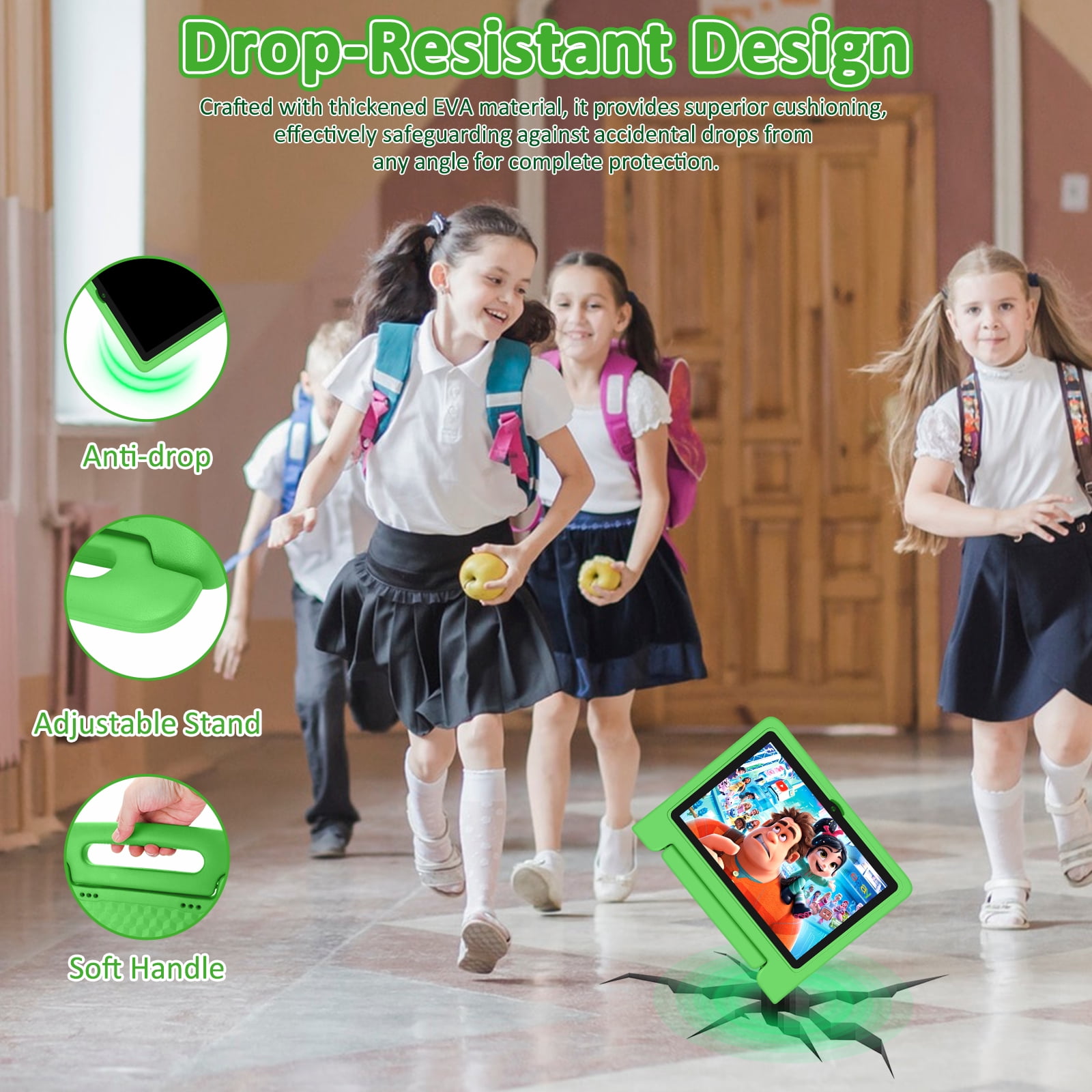 Kids Tablet, 10.1 inch Tablet for Kids IPS HD Screen RAM 8GB 64GB Storage, J10 Pro Toddler Tablet with Protective case - Green
