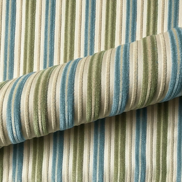 Sage & Ocean Blue Bohemian Velvet Stripe Upholstery Fabric 54