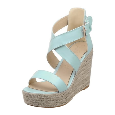 

Cathalem Fashion Women Summer Weave Wedges Breathable Buckle Strap Peep Toe Sandals Comfortable Beach Shoes Light Blue 39