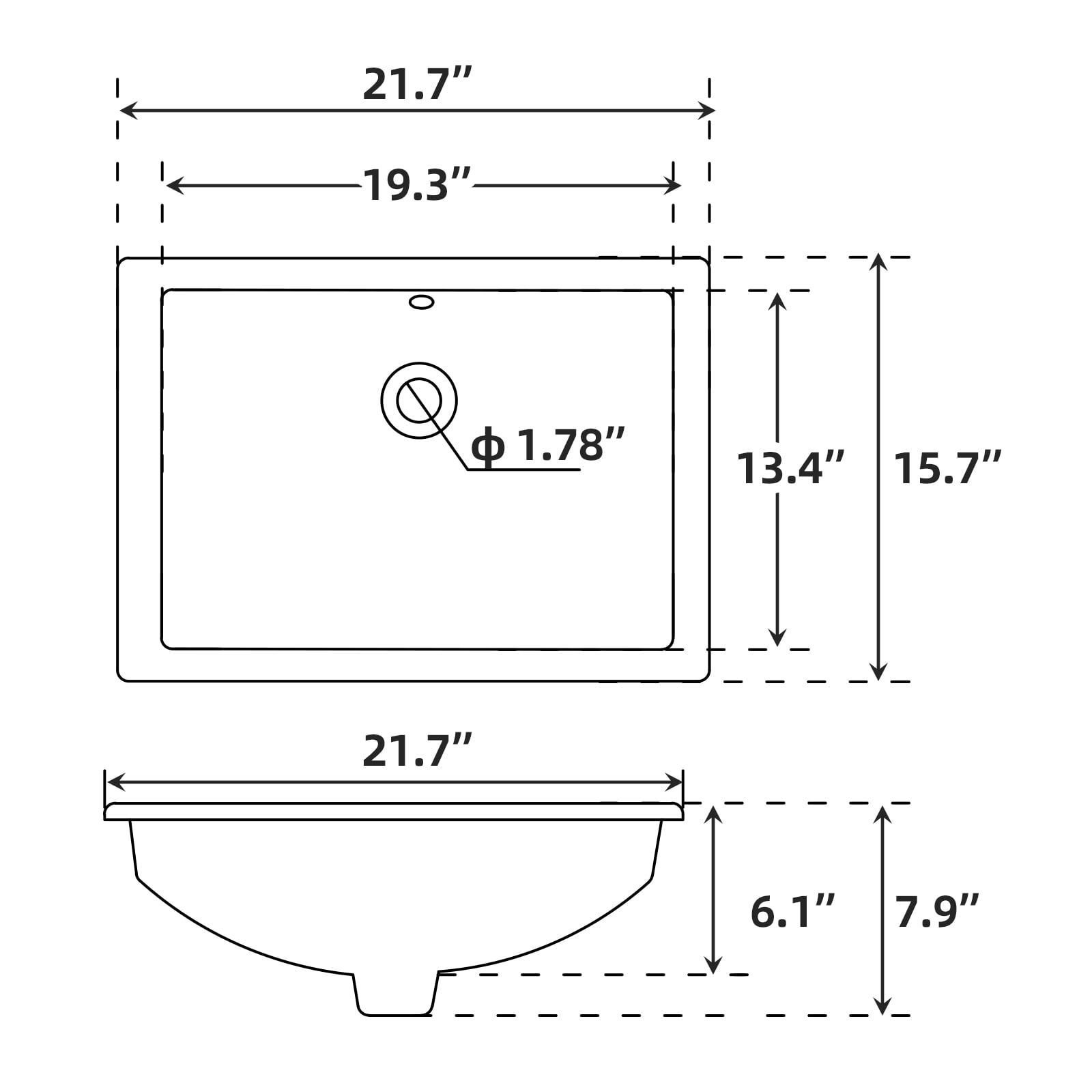 GoFashion Undermount Bathroom Sink, Rectangular 22"x16" Vessel Sink White Ceramic Lavatory Vanity Vessel Sink with Overflow - white