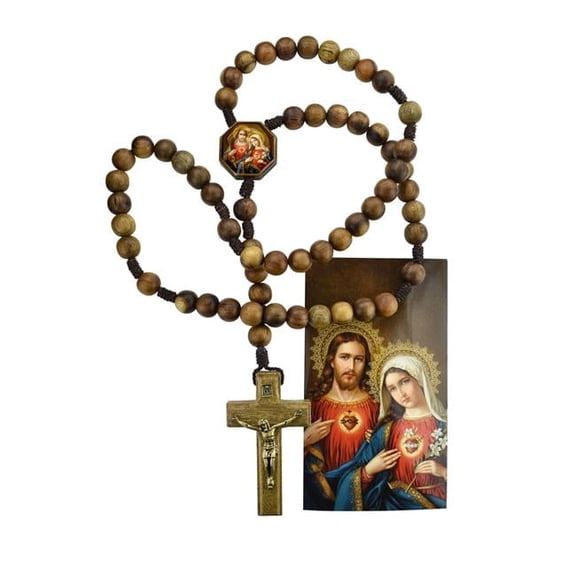 Mcvan P538R 18.5 in. Brown Brazillian Wood Sacred Heart Wood Rosary with Holy Card