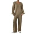 thumbnail image 3 of YOIAVAIOY Womens Ribbed Knit 2 Piece Sets V Neck Drop Shoulder Sweater and Wide Leg Pants Lounge Set Fall Winter Casual Solid Matching Outfits Khaki S, 3 of 10