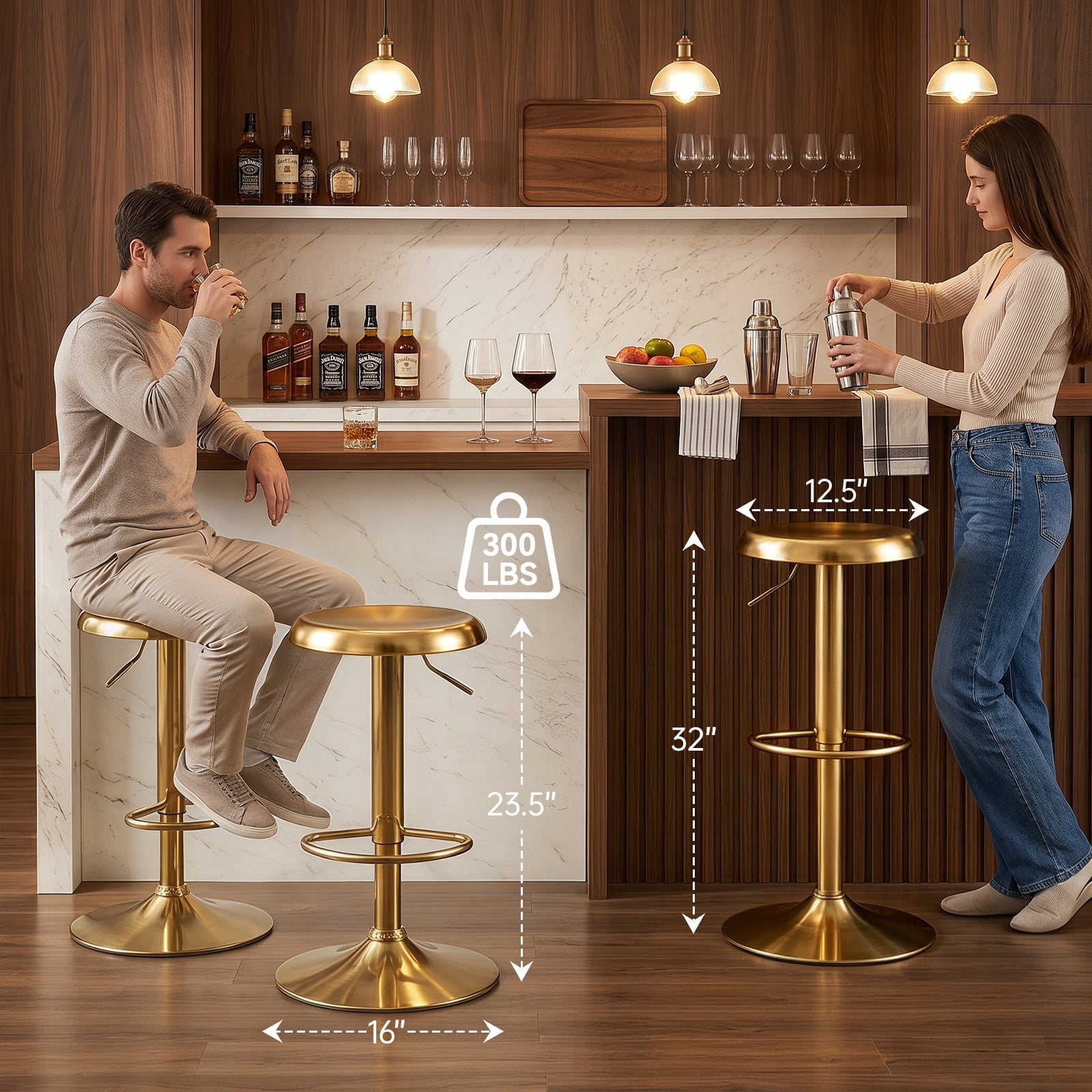 Gold Bar Stools Set of 2, 360° Swivel Round Adjustable Counter Height Bar Stools, Industrial Backless Metal Bar Chairs for Kitchen Island with Footrest