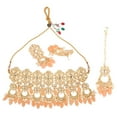 thumbnail image 5 of Efulgenz Traditional Antique Indian Chandbali Style Choker Necklace Dangle Earrings Peach Color Maang Tikka Faux Pearl Kundan Stone Indian Bridal Wedding Jewelry Set for Women, 5 of 6