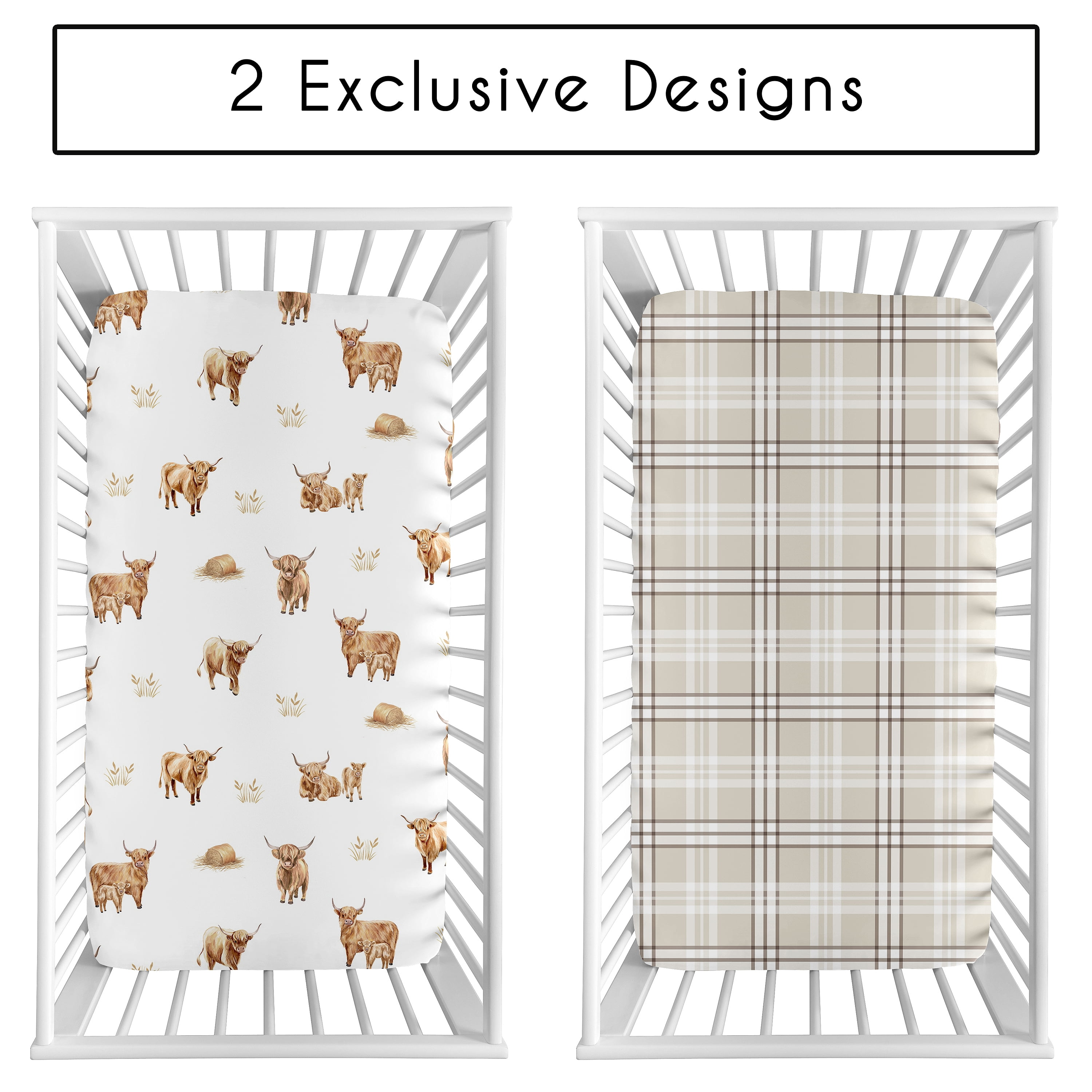 Sweet Jojo Designs Boho Highland Cow & Plaid Boy, Girl, Unisex/Gender Neutral Fitted Crib Sheets Set 2 Piece