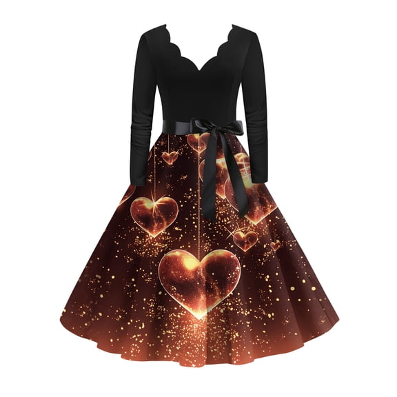 Valentine Dress for Women 1950S Retro Long Sleeve V-Neck Cocktail Dresses with Belt 3D Love Heart Printing A-Line Dress Light Brown S