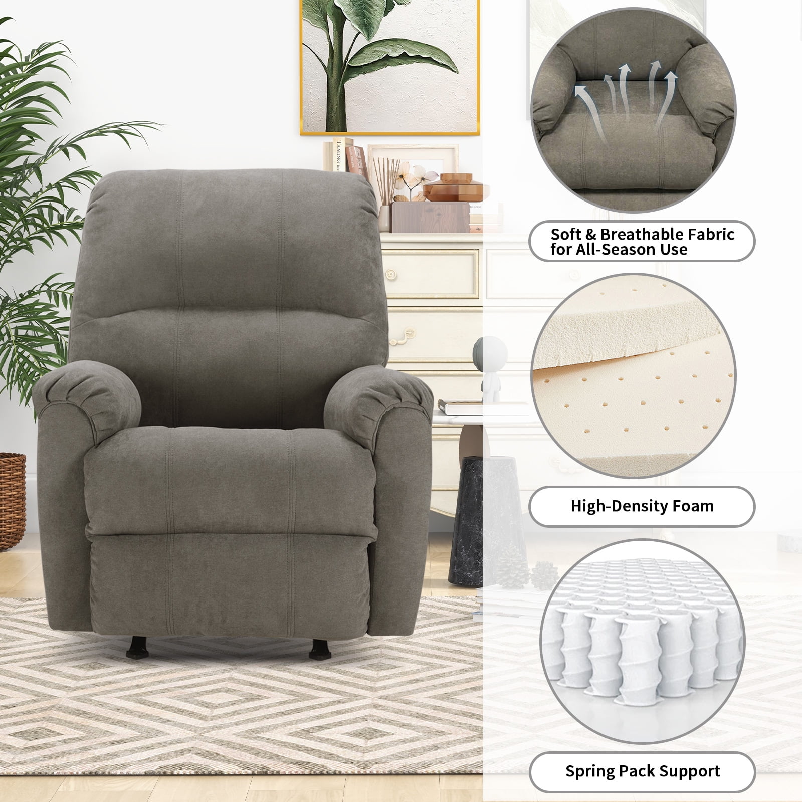 Ebello Manual Rocker Recliner Chair for Adults – Soft Fabric Reclining Sofa with Overstuffed Backrest, 300 lbs Weight Capacity,Grey