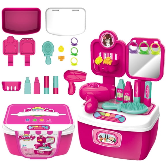 Kids Pretend Makeup Vanity Toy Set with Hair Dryer Brush Lipstick Hair Ties Mirror Eyeshadow, Princess Dress Up Beauty Salon Role Play Toys for Toddlers Little Girls Ages 3 Birthday Holiday Gifts