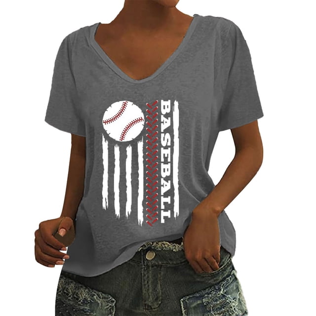 T-Shirt à Manches Courtes pour Femmes en Liquidation T-Shirt en Chiffon pour Femmes T-Shirt de Baseball Imprimé Lettres de Baseball Col en V Manches Courtes