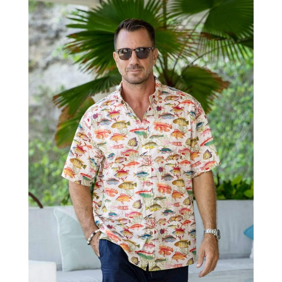 YIUME Men's Hawaiian Shirt Sea Ocean Fish Print Cotton Button-down Short Sleeve Aloha Shirt