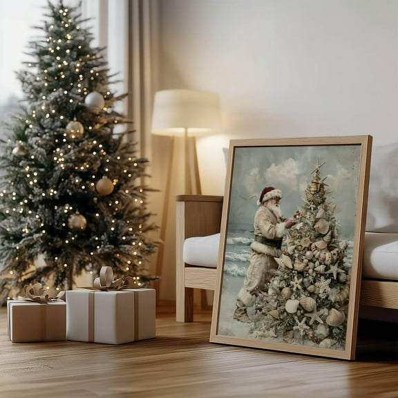 Coastal Christmas Santa Wall Art Print, Nautical Holiday Scene with Tree, Neutral Minimalist Beach House Décor, Seaside Cottage Painting, 12x18 UNFRAMED