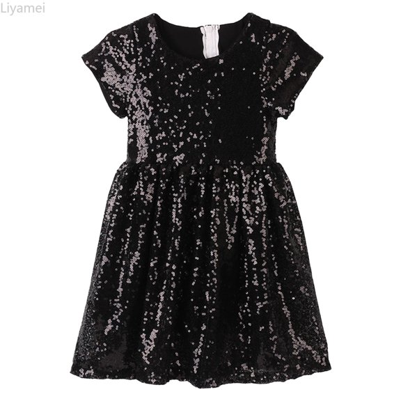 Liyamei Girls Party Dresses, Kids Sequin Dress, Round Neck Sleeveless Sparkly Sequin Dress Birthday Wear Black 5 Y