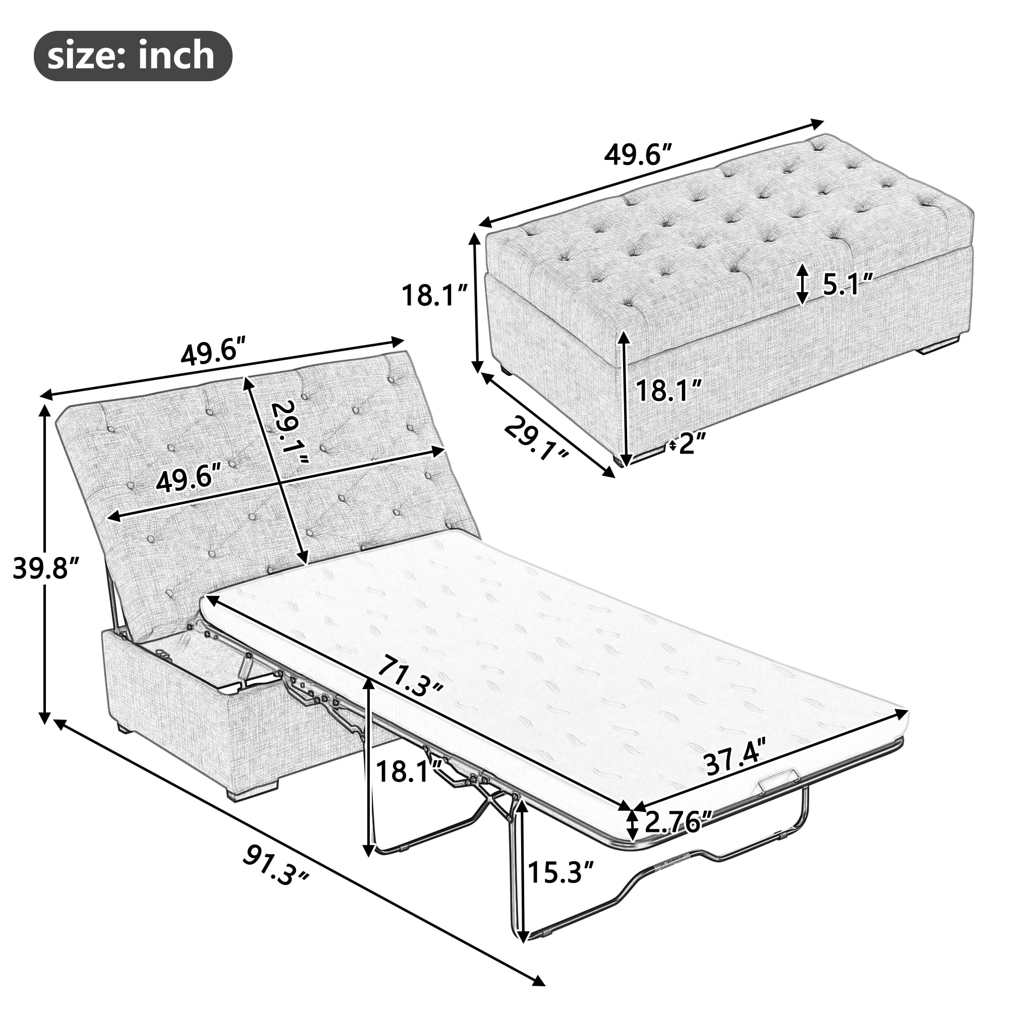 Euroco Convertible Ottoman Sleeper Bed with Memory Foam Mattress, Folding Twin Bed for Guests, Tufted Linen Upholstery, Iron Frame, Space-Saving Sofa Bed
