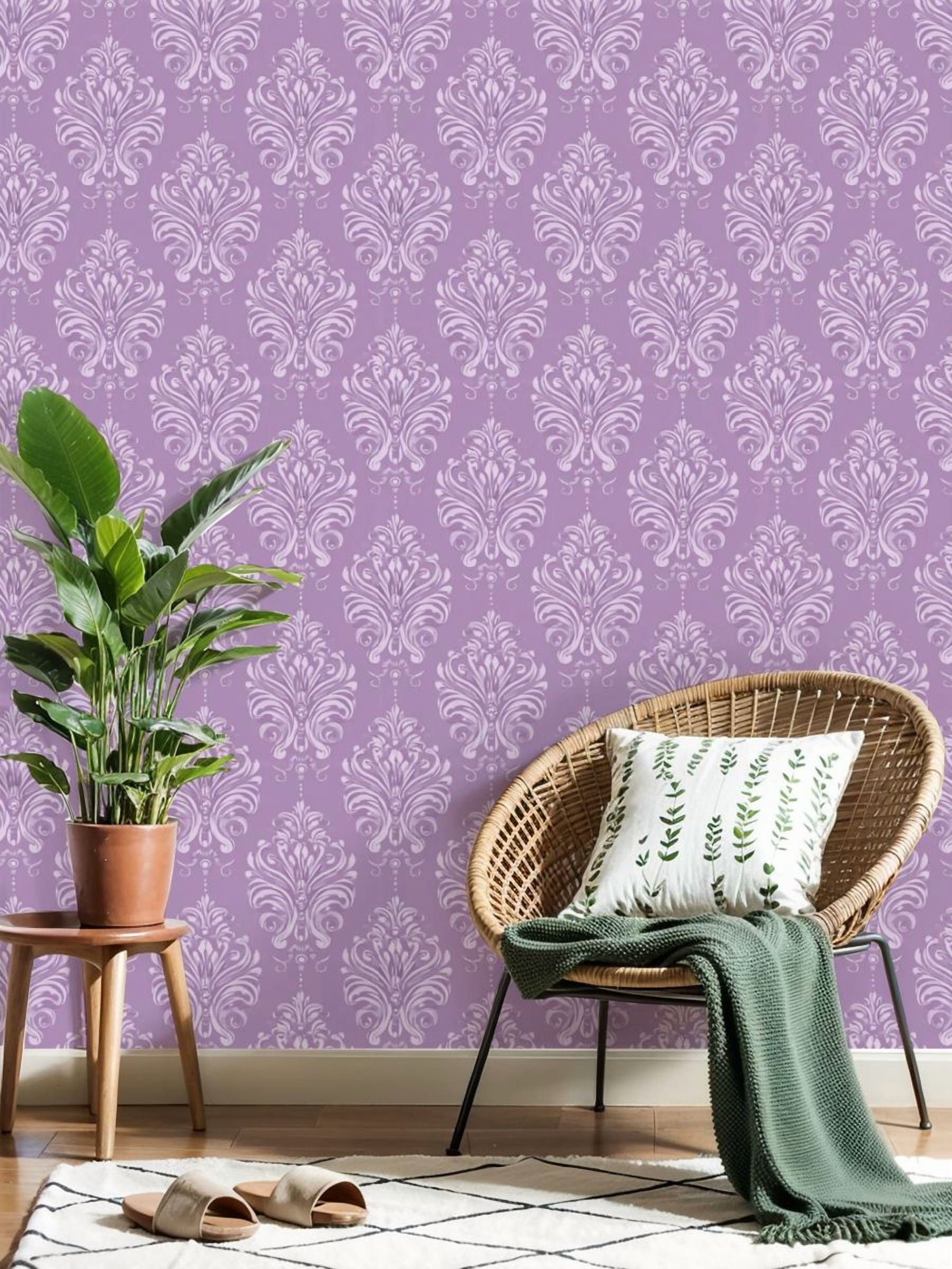 Peel and Stick Wallpaper 23.6in x 9.8ft Lavender Damask Elegant Swirls Floral Details Contact Paper Vinyl Self-Adhesive Removable Wall Paper for Bedroom DIY Home Decor Renter Friendly