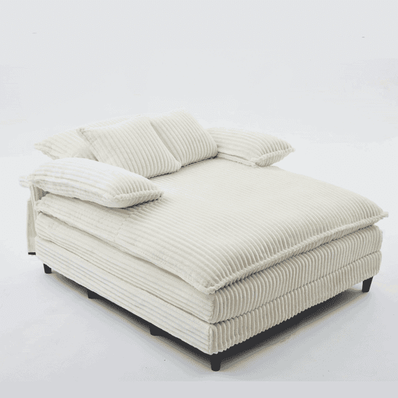 GIKPAL 54.75" Wide Oversized Chaise Lounge Chair with Fluffy Cushions, Deep Seat & Adjustable 4-Position Recline, Corduroy Sofa Bed with 2 Pillows, Leisure Sleeper Sofa Chair for Living Room, White