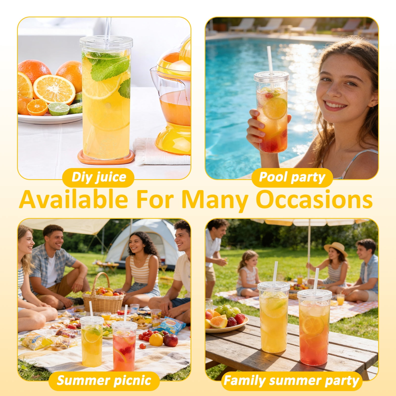 Koomade 2-Pack 20oz Clear Plastic Tumblers with Straws, Shatter-Resistant
