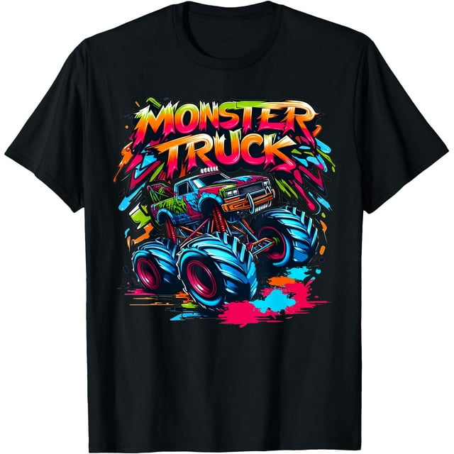 Monster Truck T-Shirt Rétro Coloré Graffiti pour Tout-Petits et Adultes - Noir - L