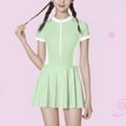 thumbnail image 2 of Girls' One Piece Skirted Swimsuit Zipper Front Short Sleeve Rashguard Cute Swim Dress for Teens Strapless One-Piece Swimsuit Green 9Y, 2 of 4
