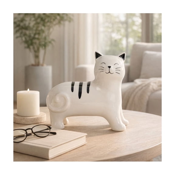 Whimsical Cat Figurine for Home Decor - Ceramic Sculpture for Living Room, Office, Bathroom, or Shelf Styling - Modern Boho Style Ornament for Coffee Tables and Room Accents - 7", White & Black
