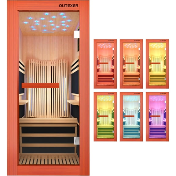 OUTEXER Indoor FAR Infrared Sauna 1 Person,1095W Home Sauna with Starry Sky Light, Colorful LED & Bluetooth Speakers for Home and Gym