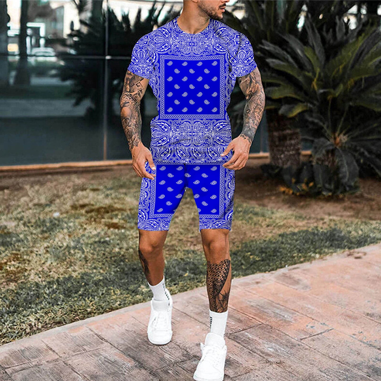Men's Casual Short Sleeve Tee & Shorts Set - Textured Print, Drawstring Waist, Summer Lounge & Vacation Outfit