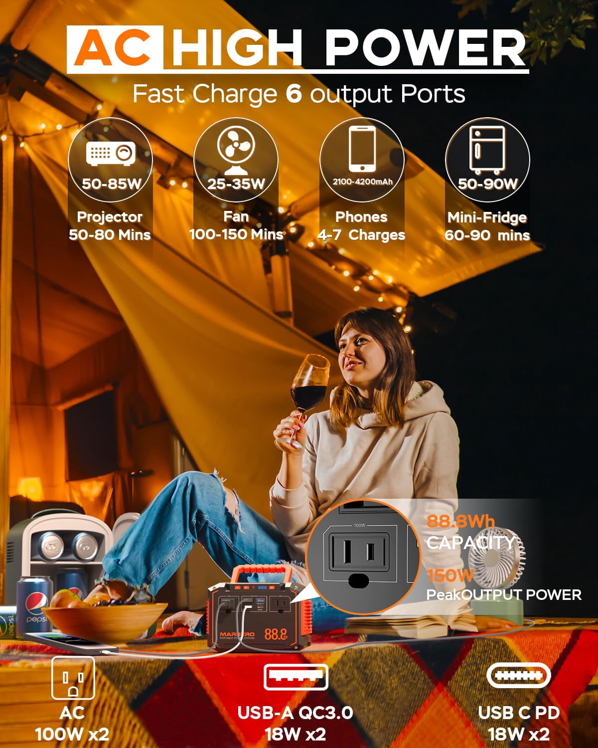 MARBERO 150W Peak Solar Generator with 30W Solar Panel 88.8Wh Camping Portable Power Station 110V Power Bank with AC Outlet(2*USB A, 2*USB C, 2*AC) for Outdoor Travel Home Emergency Blackout Hurrican