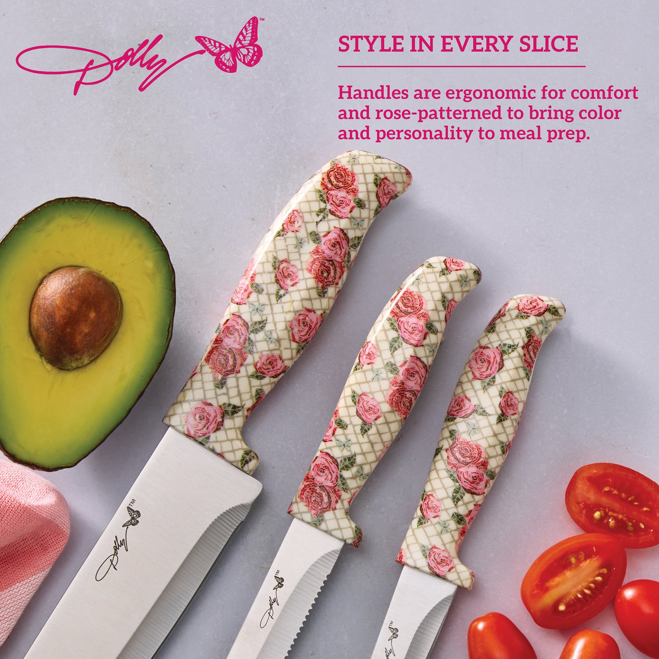 Dolly Parton 3-Piece Chef Knife Set with Rose Pattern Handles for Kitchen Prep